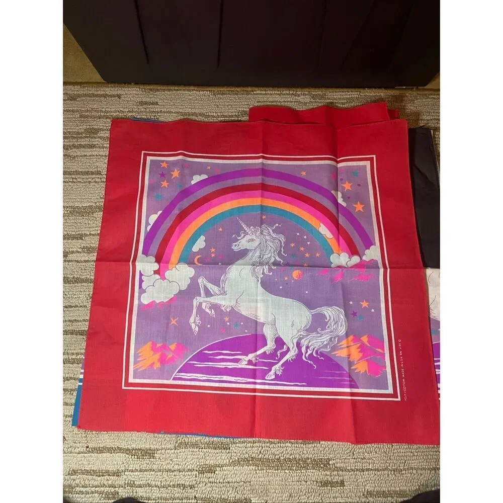 Vintage 80’s Unicorn handkerchief Bandana Stars Rainbow Scarf Mask Curtain USA l